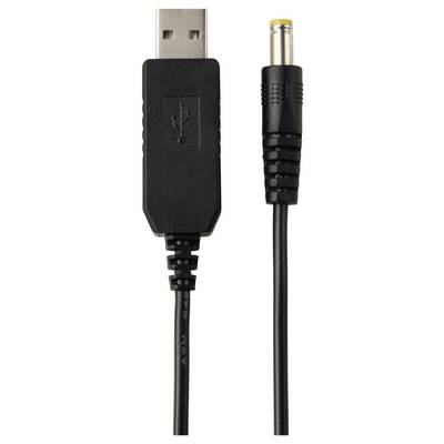 USB to round DC power adapter cable with a male USB plug on the left and a barrel connector on the right.