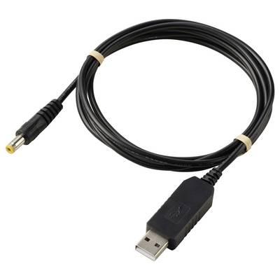 Black USB-to-DC power cable coiled on white background, with USB-A plug on one end and barrel connector on the other.