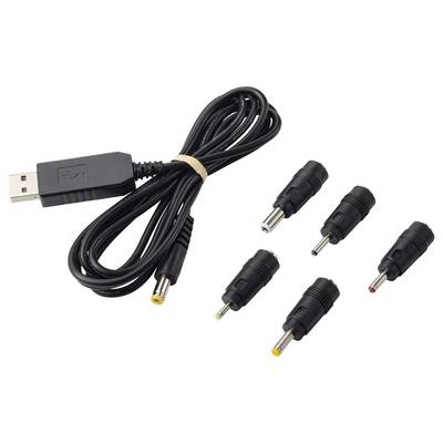 USB charging cable with a USB-A plug and five interchangeable DC barrel adapter tips for powering devices.