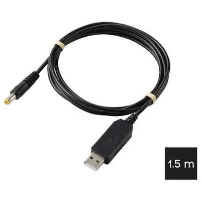 USB cable with a USB-A plug and round barrel power connector, labeled 1.5 m.