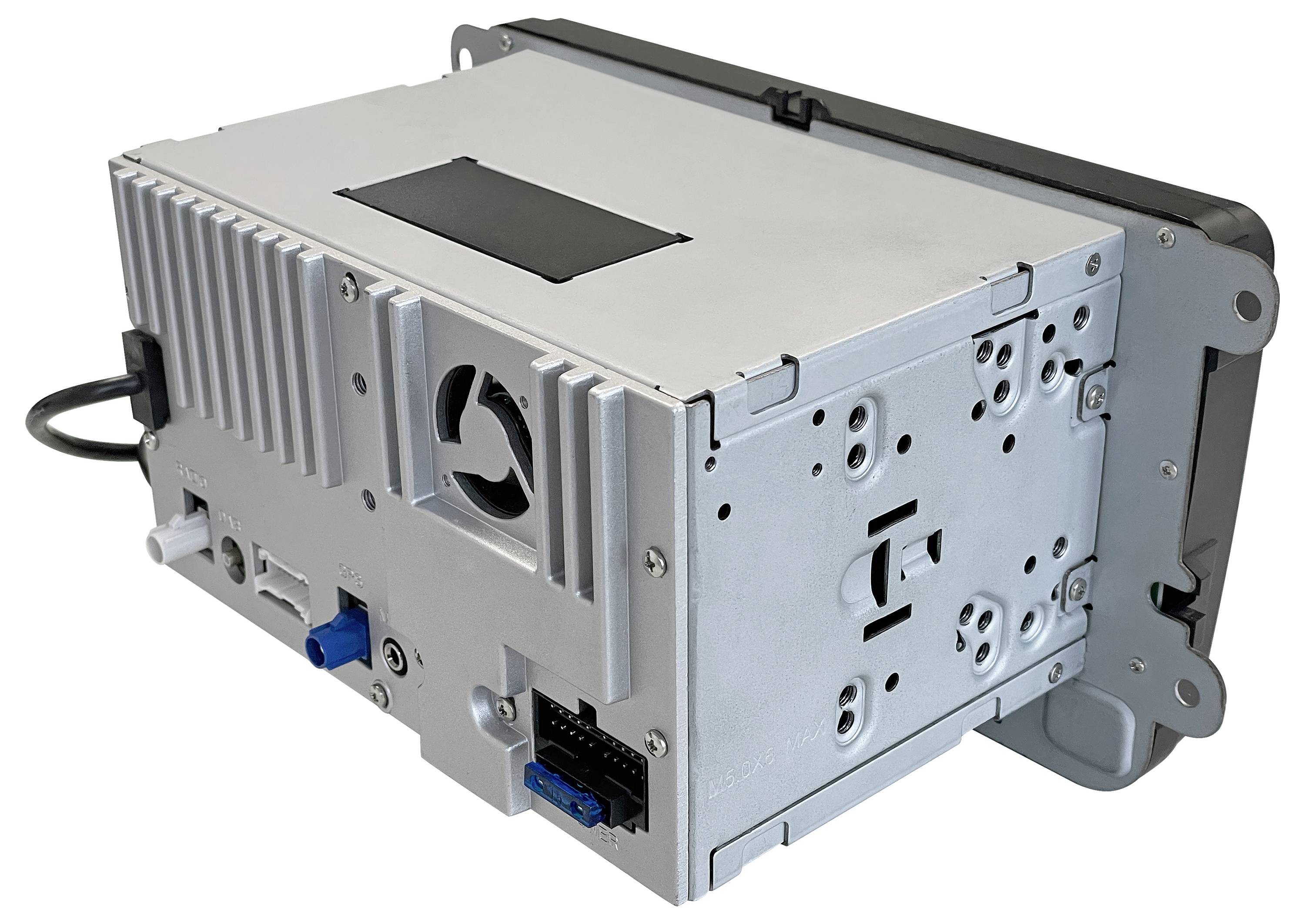 A silver car stereo head unit with various ports and connectors at the back, including power, antenna, and speaker connections.