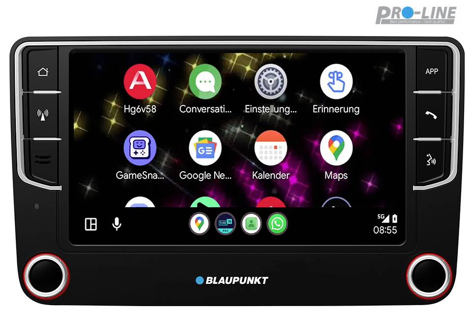 A car dashboard display shows various app icons such as navigation, phone, and music against a colorful bokeh background, with 'Blaupunkt' branding.