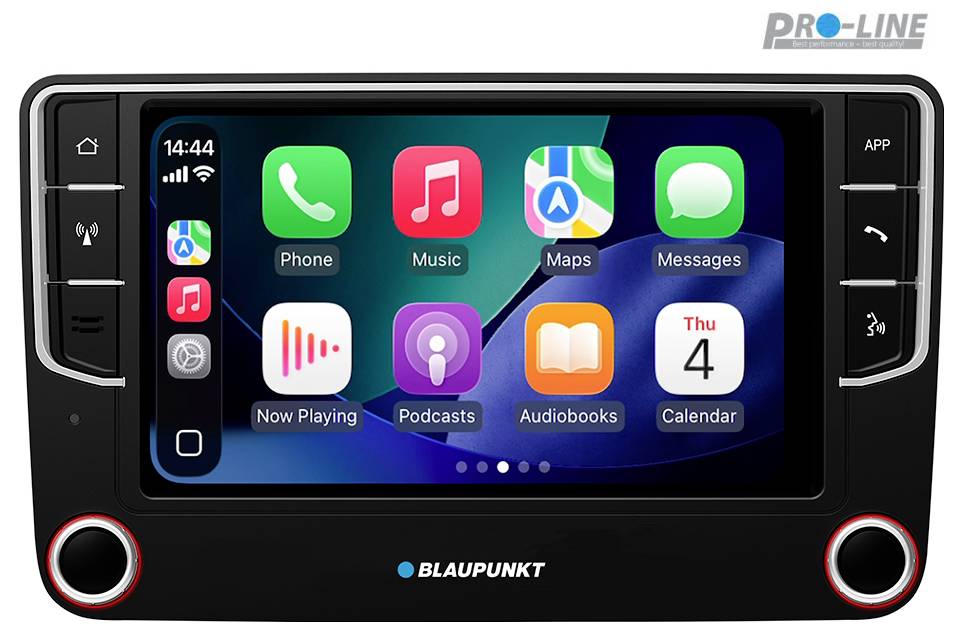 'Blaupunkt PRO-LINE car stereo system display showing app icons like Phone, Music, Maps, and Messages, with time and date.'