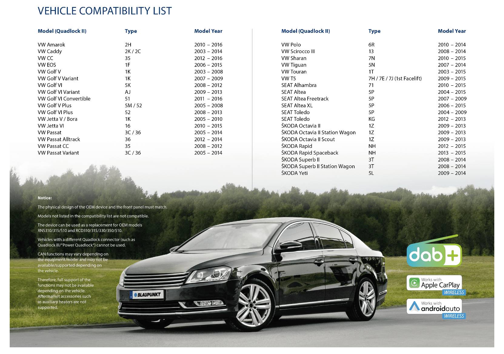 'Sleek black sedan parked on grass with a vehicle compatibility list for various models and years. Logos for dab+, Apple CarPlay, and Android Auto shown.'