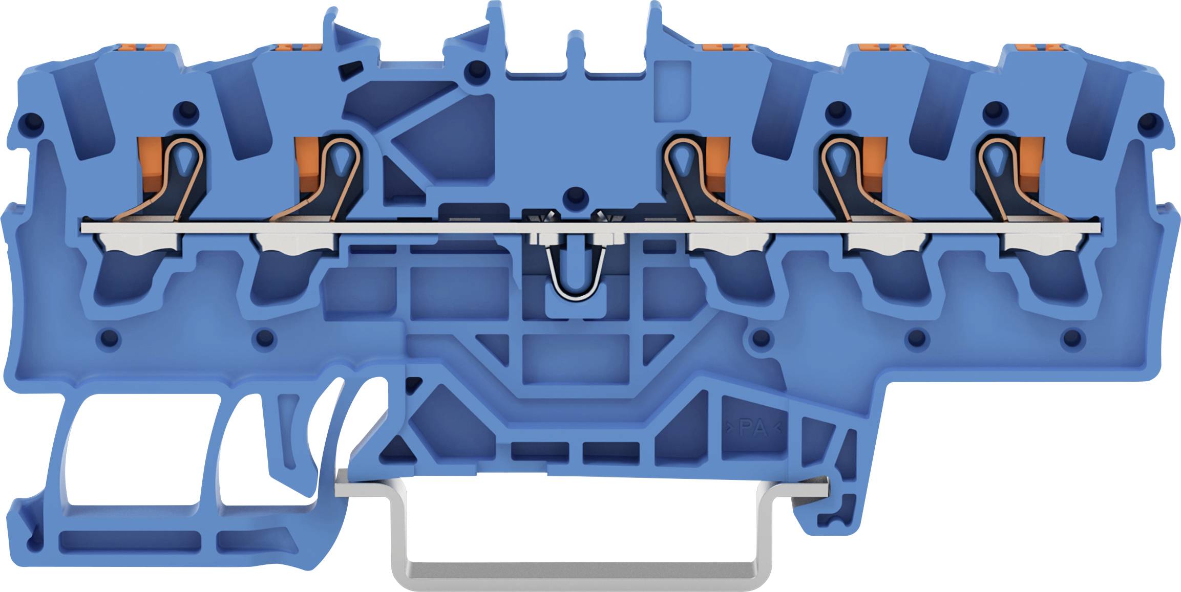 Cross-section diagram of a modular industrial terminal block, showing internal metal connections, wiring slots, and plastic casing structure.