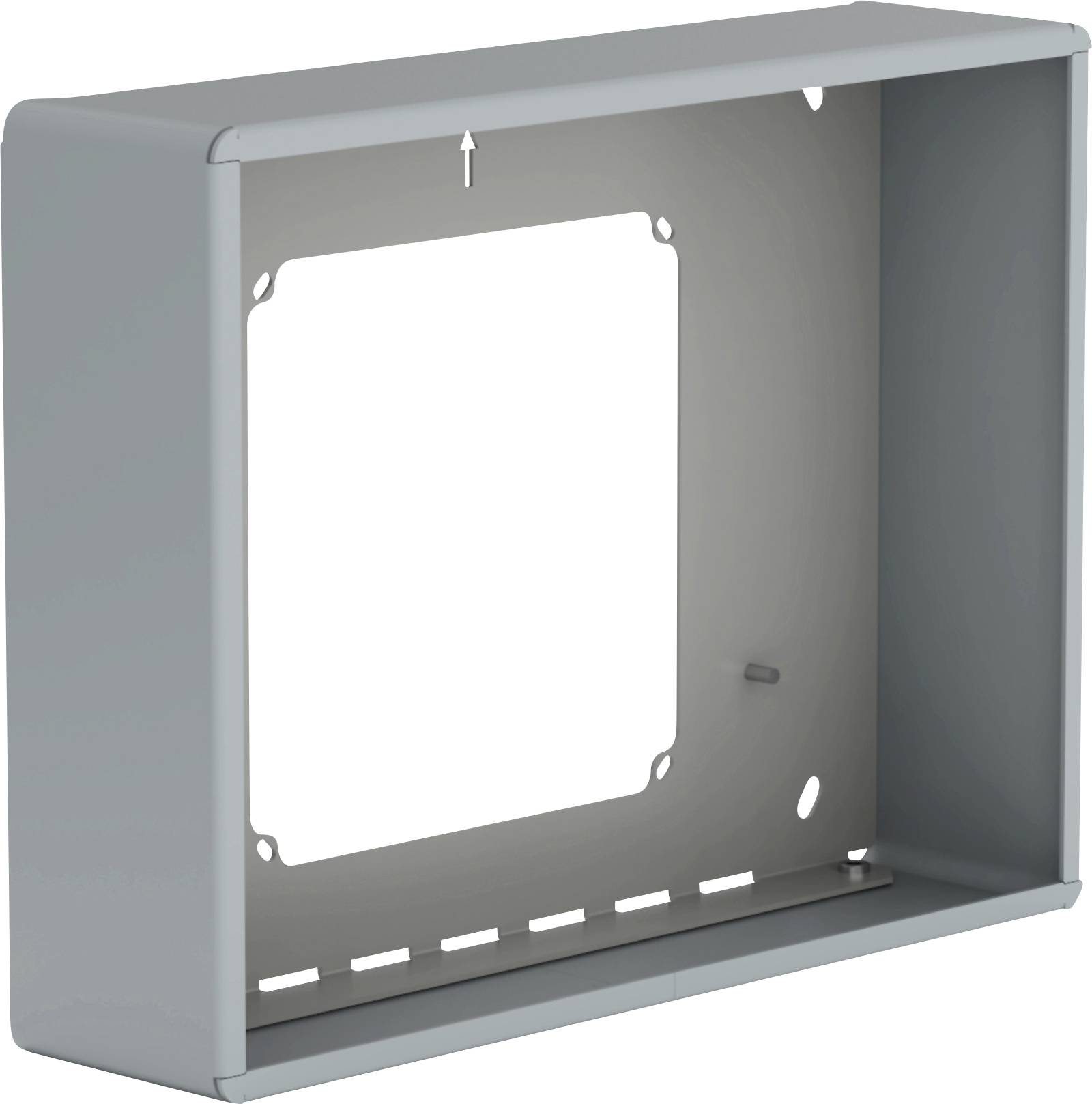 'Gray, rectangular metal enclosure with a square opening and mounting holes; designed for wall installation.'