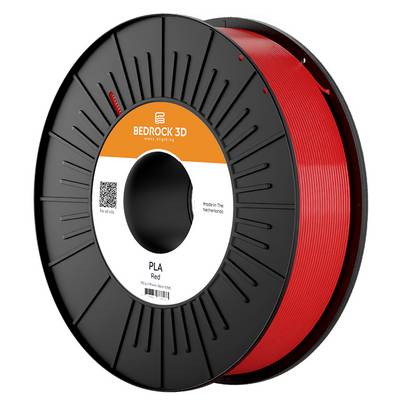 'A spool of red PLA 3D printer filament with an orange and white label from Bedrock 3D, marked as made in the Netherlands.'