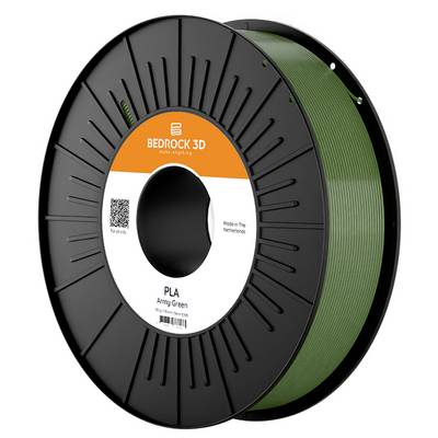 A spool of army green PLA 3D printer filament labeled 'Bedrock 3D'.