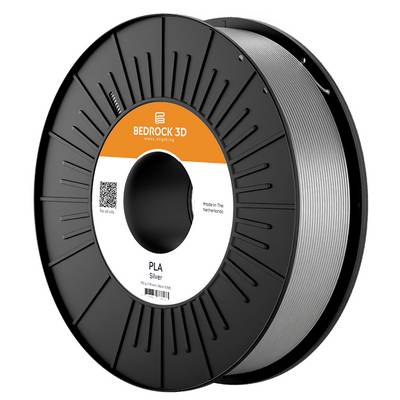 '3D printer filament reel, brand Bedrock 3D, silver PLA, made in the Netherlands.'