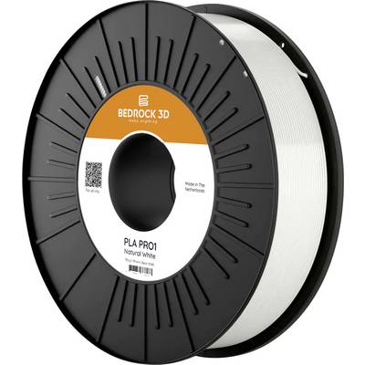 A spool of Bedrock 3D PLA PRO1 filament in natural white color, labeled 'Made in The Netherlands', with a QR code for online info.