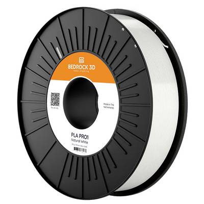 A spool of white PLA PRO1 3D printing filament with 'Bedrock 3D' branding and QR code; labeled 'Made in The Netherlands'.