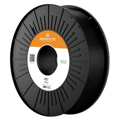 A black spool of PET filament for 3D printing, labeled with 'BEDROCK 3D', 'Made in The Netherlands', and a QR code.