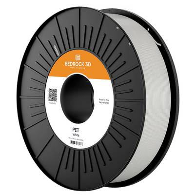 A spool of Bedrock 3D PET filament, white color, made in the Netherlands. The spool is black with a central label featuring product details.
