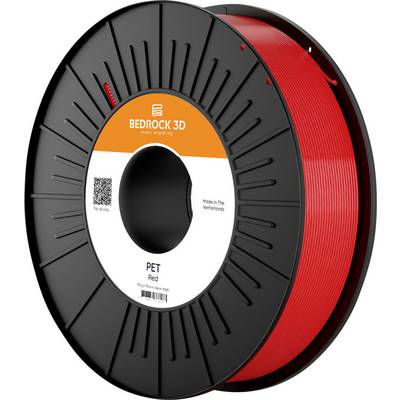 A spool of red PET 3D printing filament from Bedrock 3D, labeled as 'Red,' made in the Netherlands.