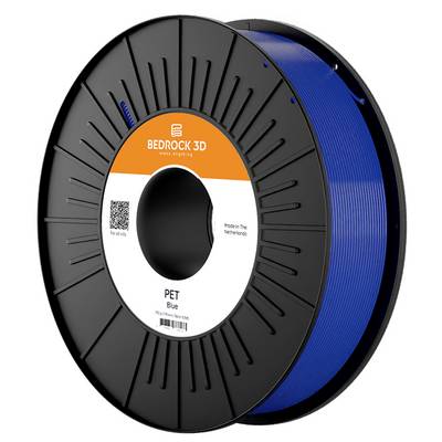 A spool of blue PET 3D printing filament from Bedrock 3D, labeled 'Made in The Netherlands'.