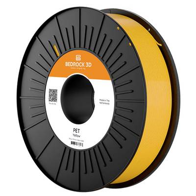 A spool of yellow PET filament for 3D printing from Bedrock 3D, labeled 'Made in The Netherlands'.