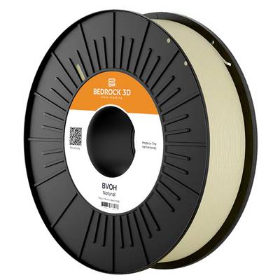 A spool of Bedrock 3D filament labeled 'BVOH Natural', designed for 3D printing, made in the Netherlands, shown in a black plastic reel.