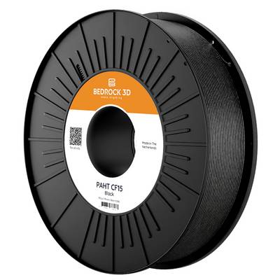 Spool of black 3D printing filament labeled 'PAHT CF15', made by Bedrock 3D in the Netherlands, with a QR code for more information.