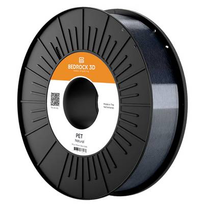 A spool of Bedrock 3D PET filament, natural color, with orange and white label. Made in the Netherlands, includes a QR code for details.