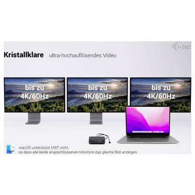 'Kristallklare ultra-hochauflösendes Video' with three monitors displaying 'bis zu 4K/60Hz', connected to a laptop via a docking station.