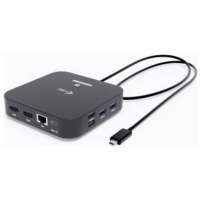 A black USB-C hub with multiple ports, including HDMI, LAN, USB-A, and USB-C. A short cable is attached for connectivity.