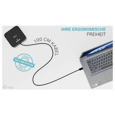 A laptop connected via a 100 cm cable to a small device. The text 'IHRE ERGONOMISCHE FREIHEIT' highlights ergonomic freedom.