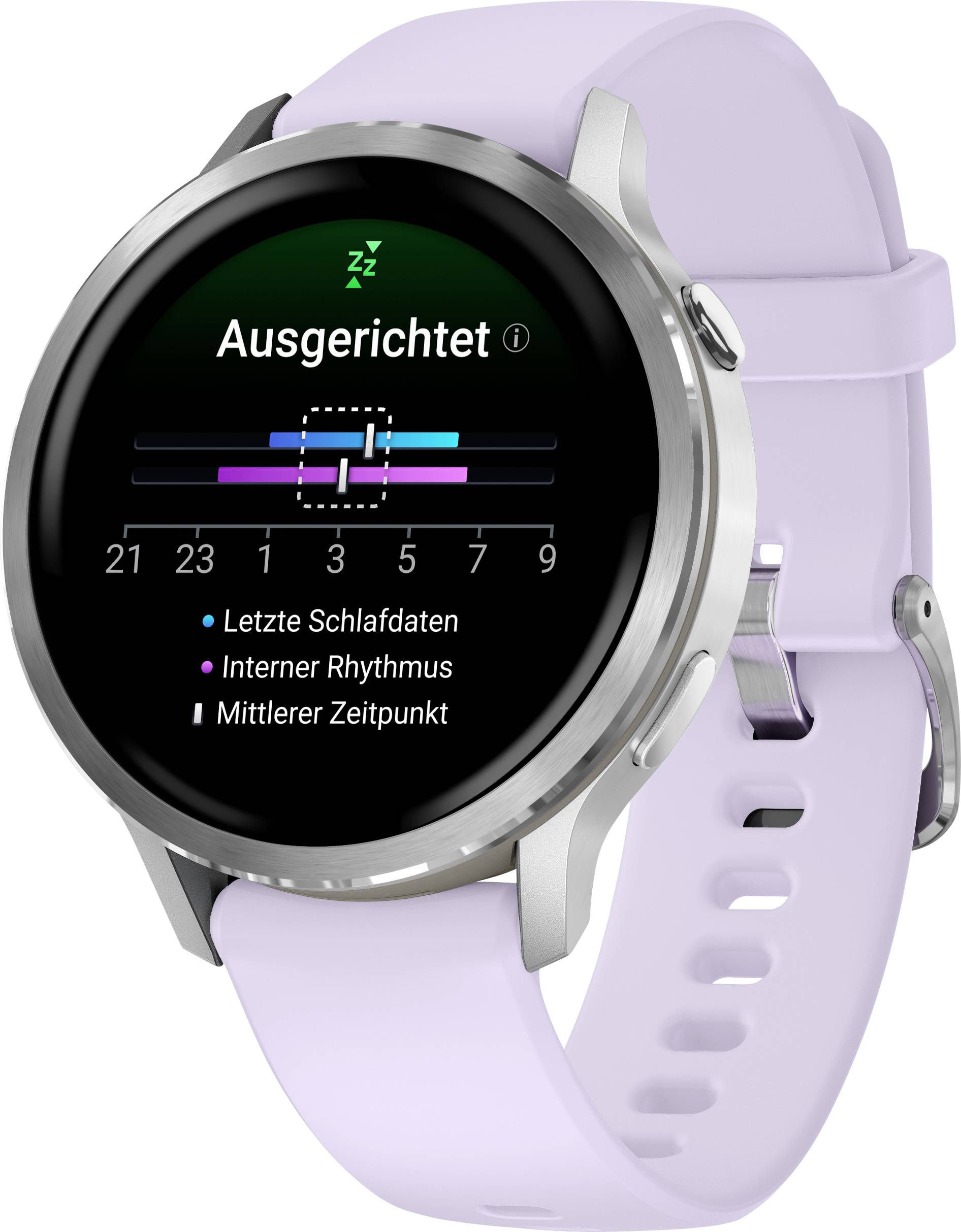 A smartwatch with a lavender band displays a sleep analysis, showing 'Ausgerichtet' with bar graphs depicting 'Letzte Schlafdaten', 'Interner Rhythmus', and 'Mittlerer Zeitpunkt' on the screen.