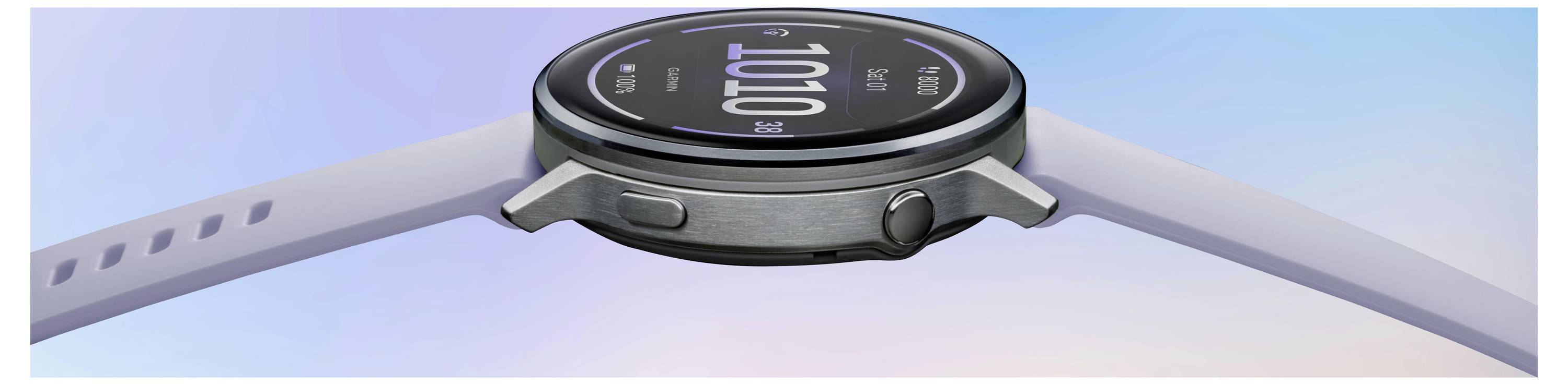 A sleek smartwatch with a round face displaying '10:10'. The watch has a minimalist design with a light band against a gradient blue background.
