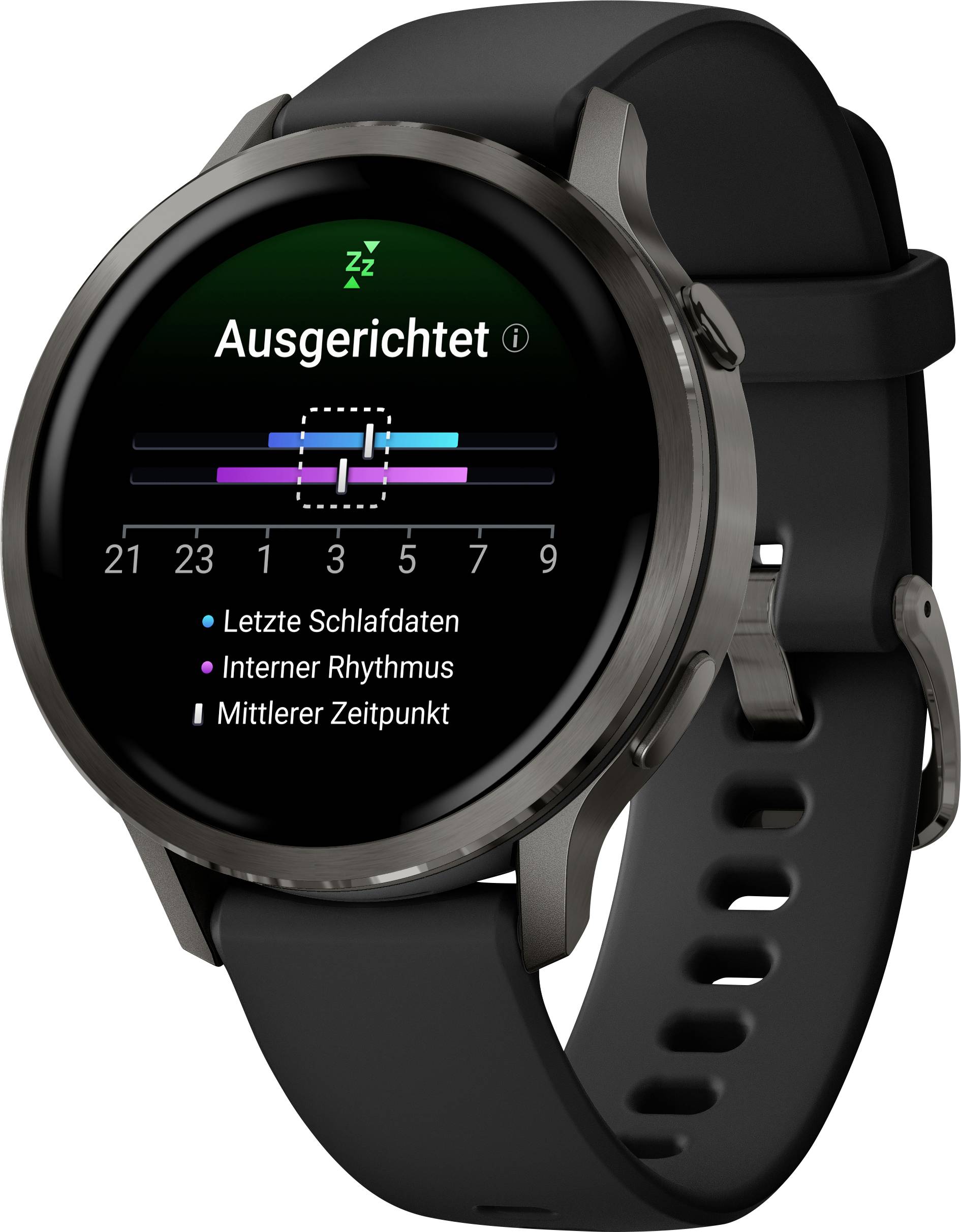 A smartwatch displays a sleep schedule chart titled 'Ausgerichtet' with bars for 'Letzte Schlafdaten', 'Interner Rhythmus', and 'Mittlerer Zeitpunkt'.