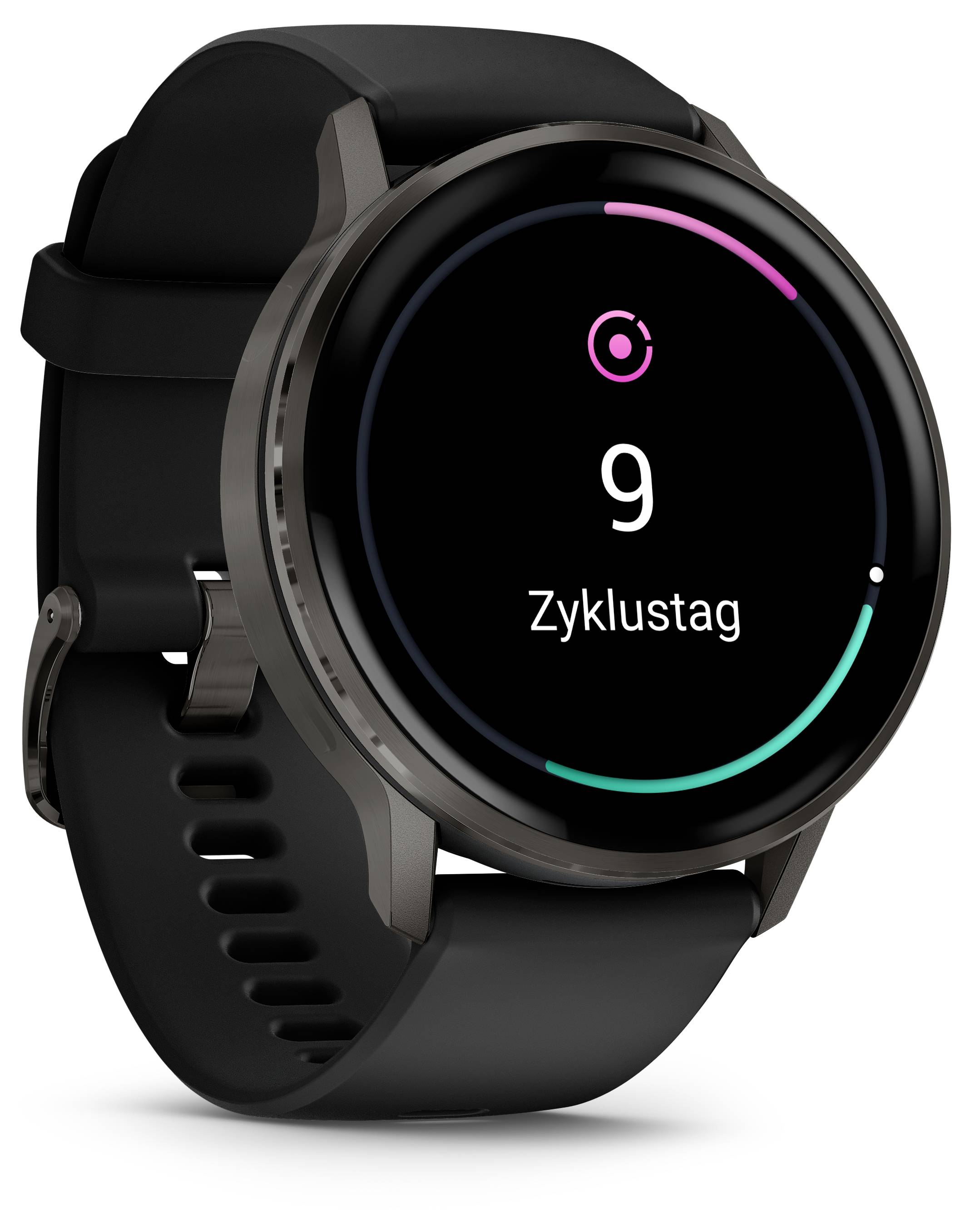 Round digital smartwatch displaying '9 Zyklustag' on the screen, with a black strap and sleek design.