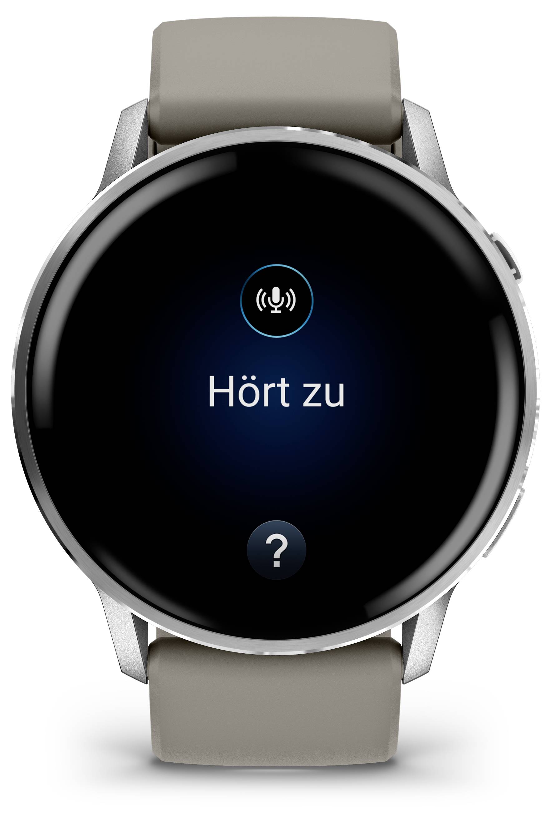 A round smartwatch screen displaying the text 'Hört zu' in the center, with a question mark icon below, and a sound wave icon above.