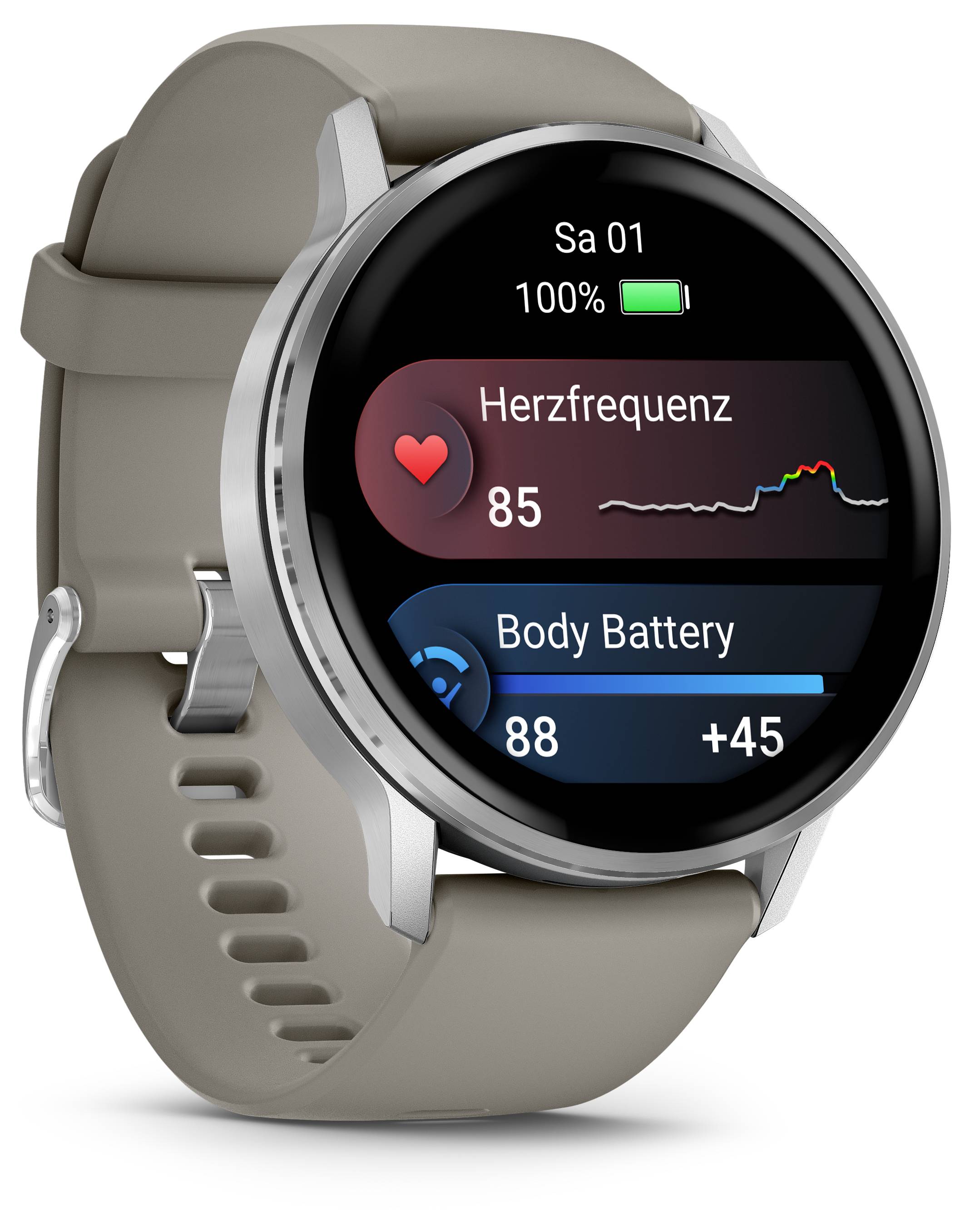 A smartwatch displays health metrics including 'Herzfrequenz' (heart rate) at 85 and 'Body Battery' at 88 with a gain of 45 units.