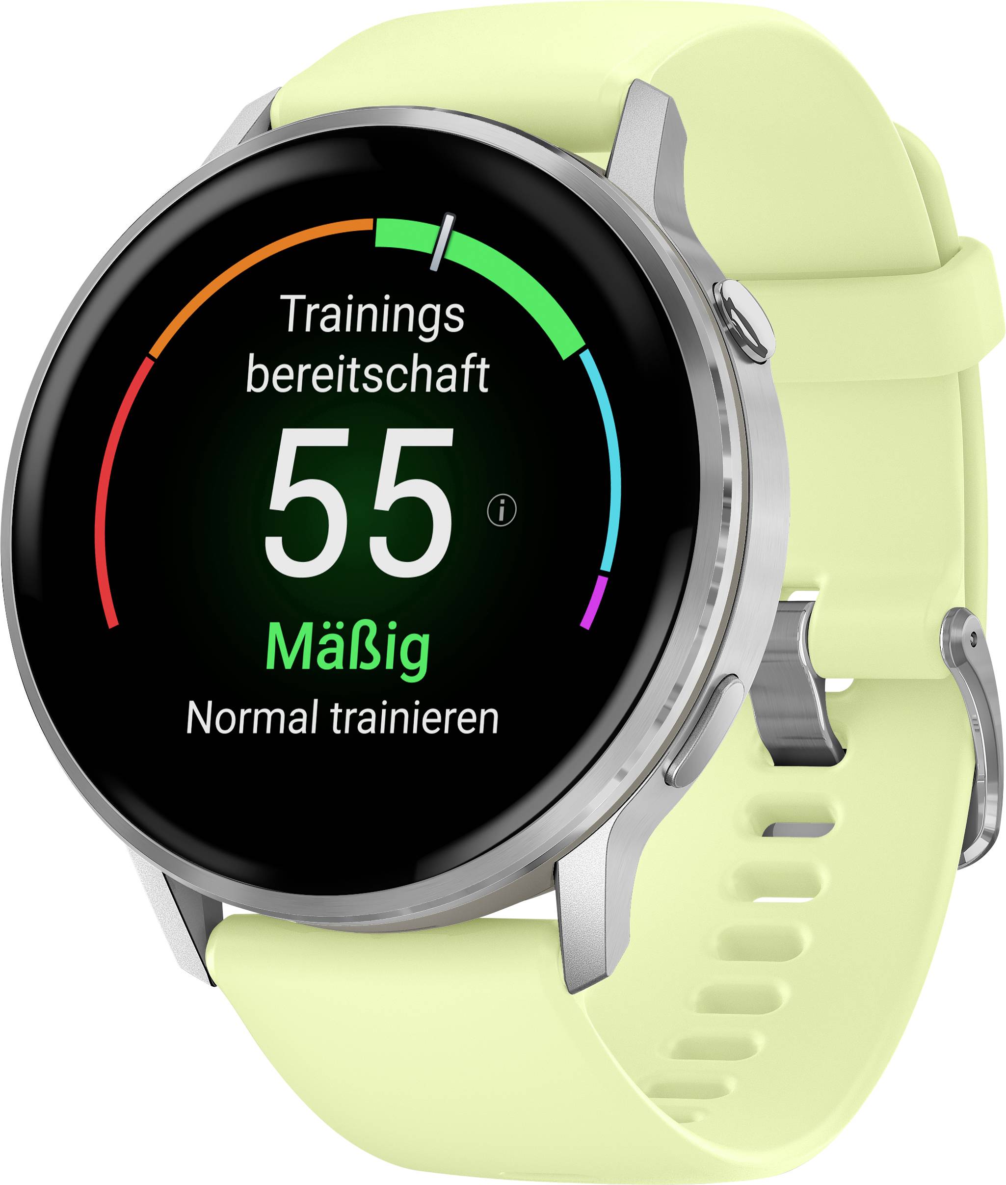 A smart watch displaying a fitness readiness score of 55, labeled 'Mäßig' in German, with instructions to continue normal training on a lime green band.