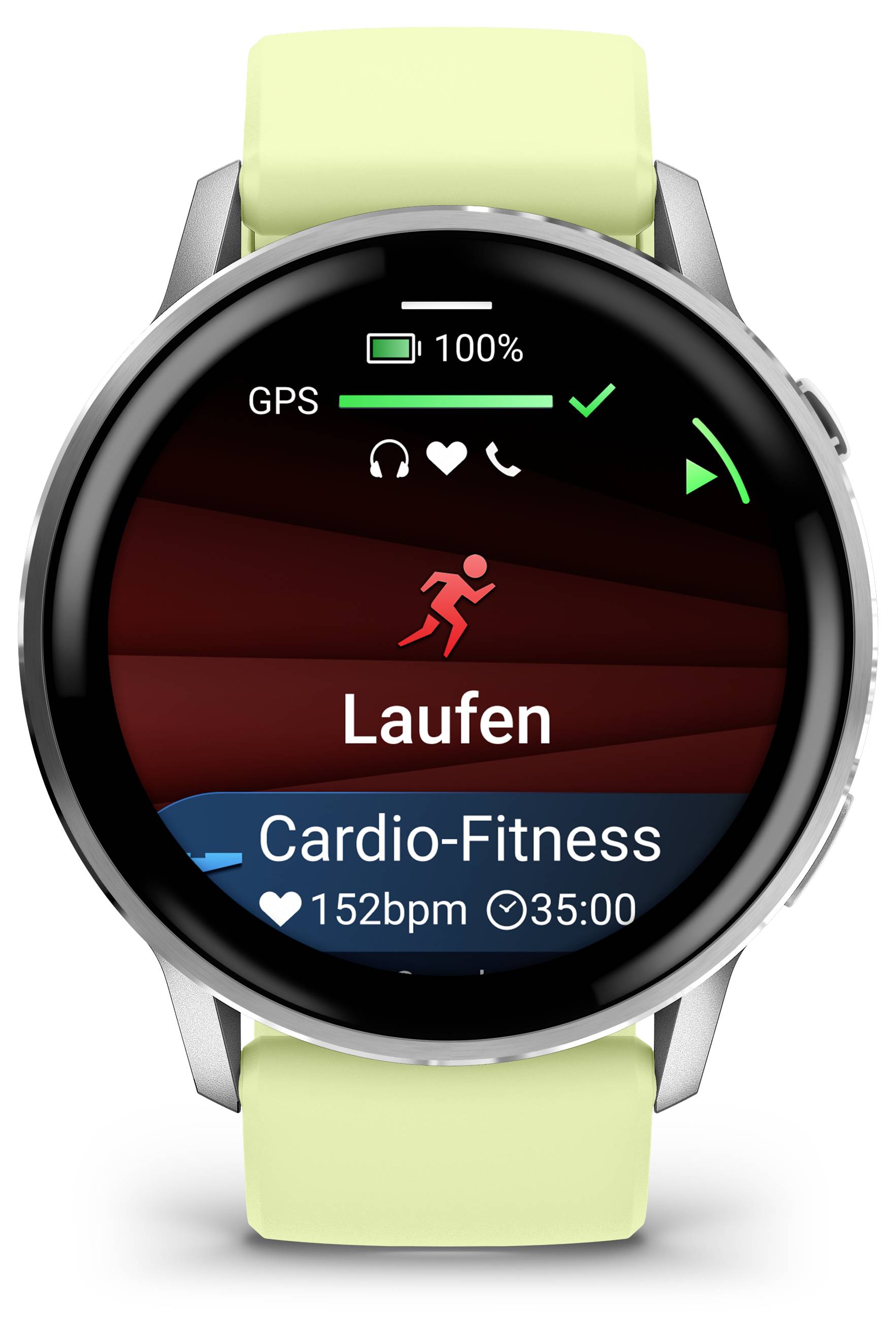 Smartwatch displaying a cardio-fitness app with running icon, showing 'Laufen', heart rate at 152 bpm, and workout duration of 35 minutes.