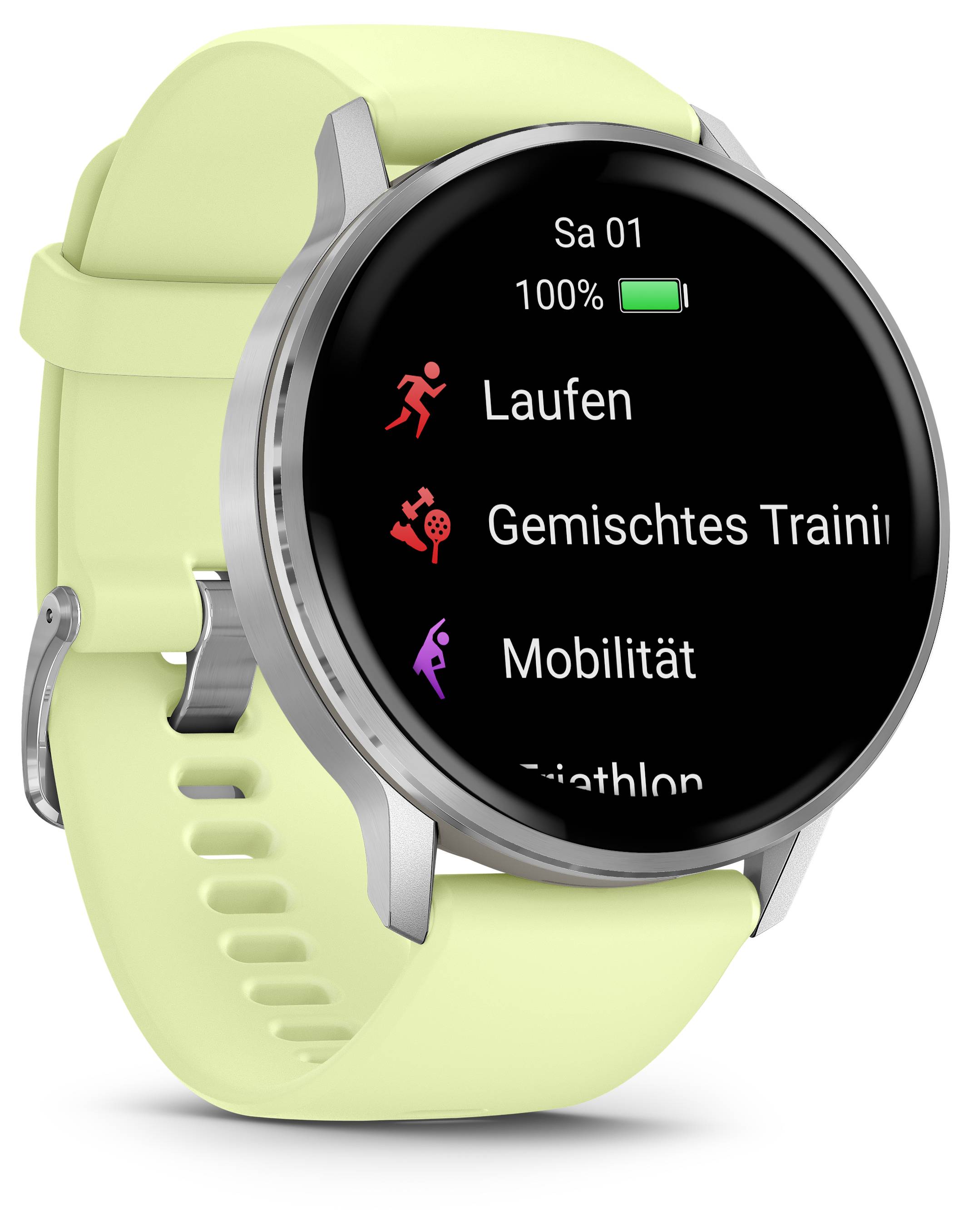 Smartwatch with lime green band displaying workout options on screen, including 'Laufen', 'Gemischtes Training', 'Mobilität', and 'Triathlon'.