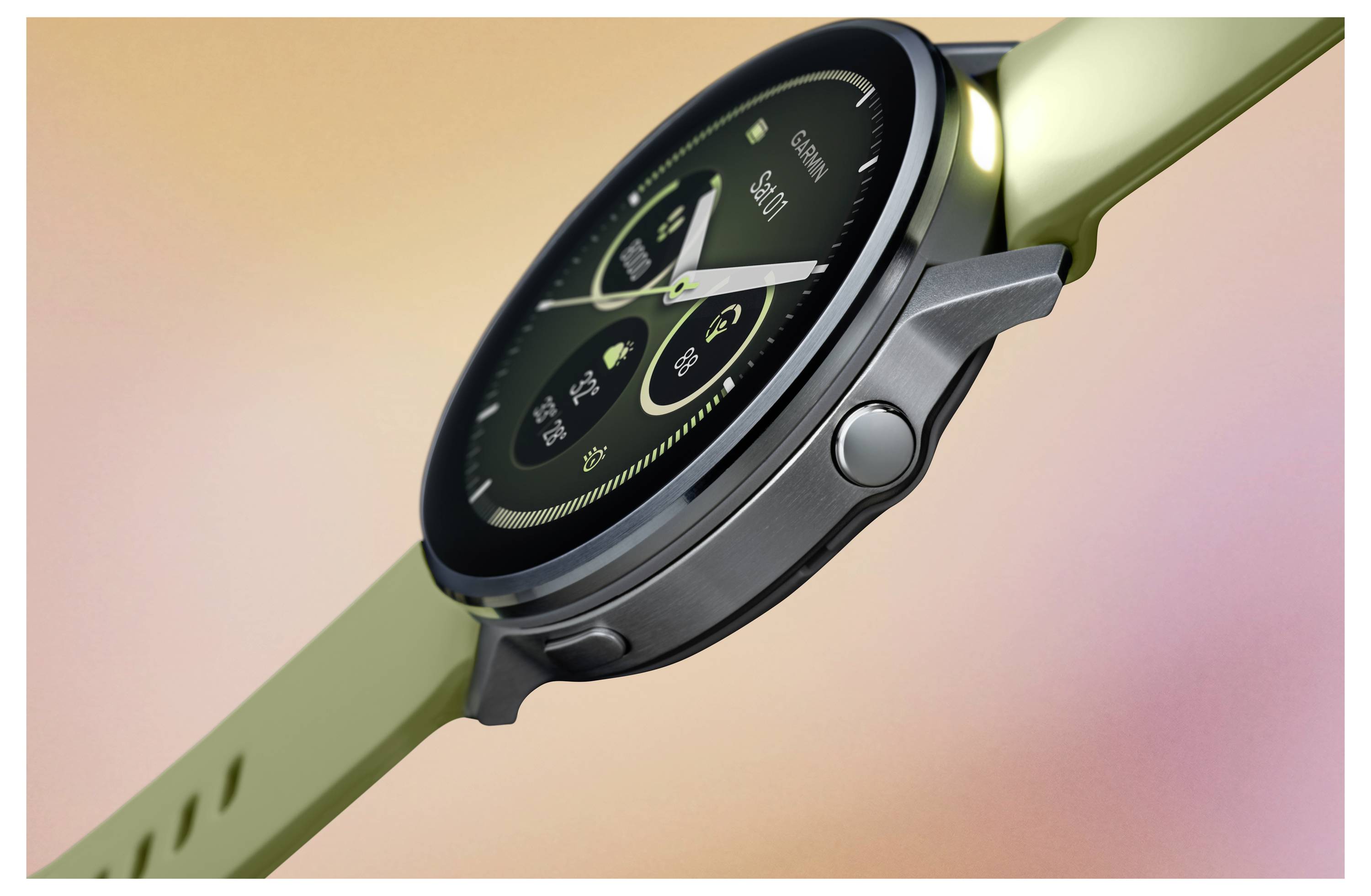 A smartwatch with a green band displays the time and various health stats on its circular screen against a gradient background.