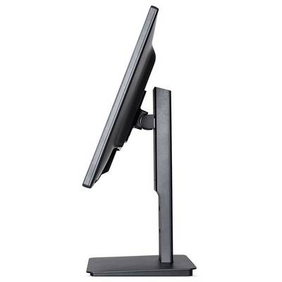 A side view of a thin, sleek computer monitor standing upright on a rectangular base, showcasing its adjustable hinge mechanism.
