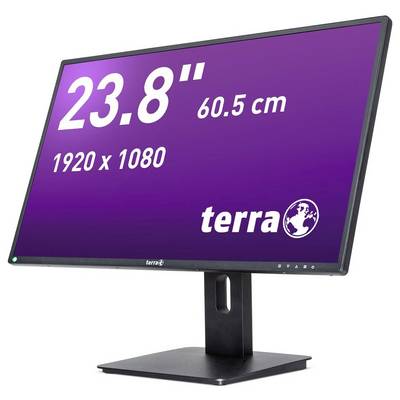 A computer monitor displaying '23.8", 60.5 cm, 1920 x 1080' with a purple background and a logo at the bottom right.