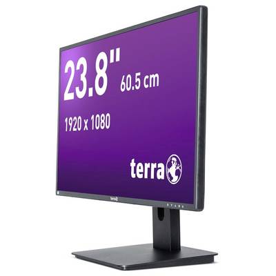 Monitor displaying '23.8" 60.5 cm, 1920 x 1080' on purple screen, with 'terra' logo at the bottom right.