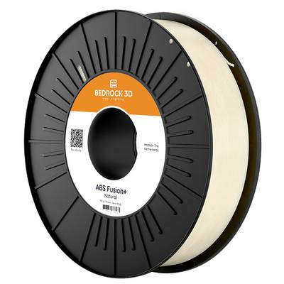 A spool of Bedrock 3D ABS Fusion+ filament, natural color, for 3D printing, with branding and contact information visible on the label.