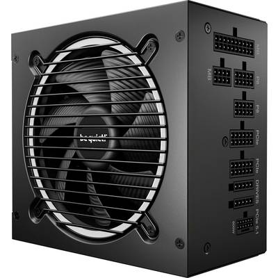 A black computer power supply with a large fan on the left side and multiple labeled ports on the right side for various computer components.