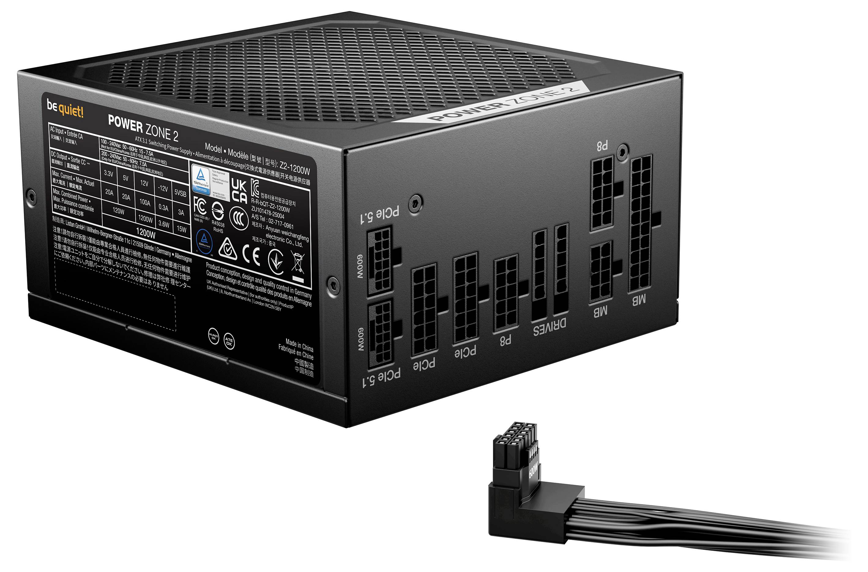 'Be Quiet! Power Zone 2' power supply unit with labeled ports for motherboard, CPU1, and peripheral connections, black cable shown.