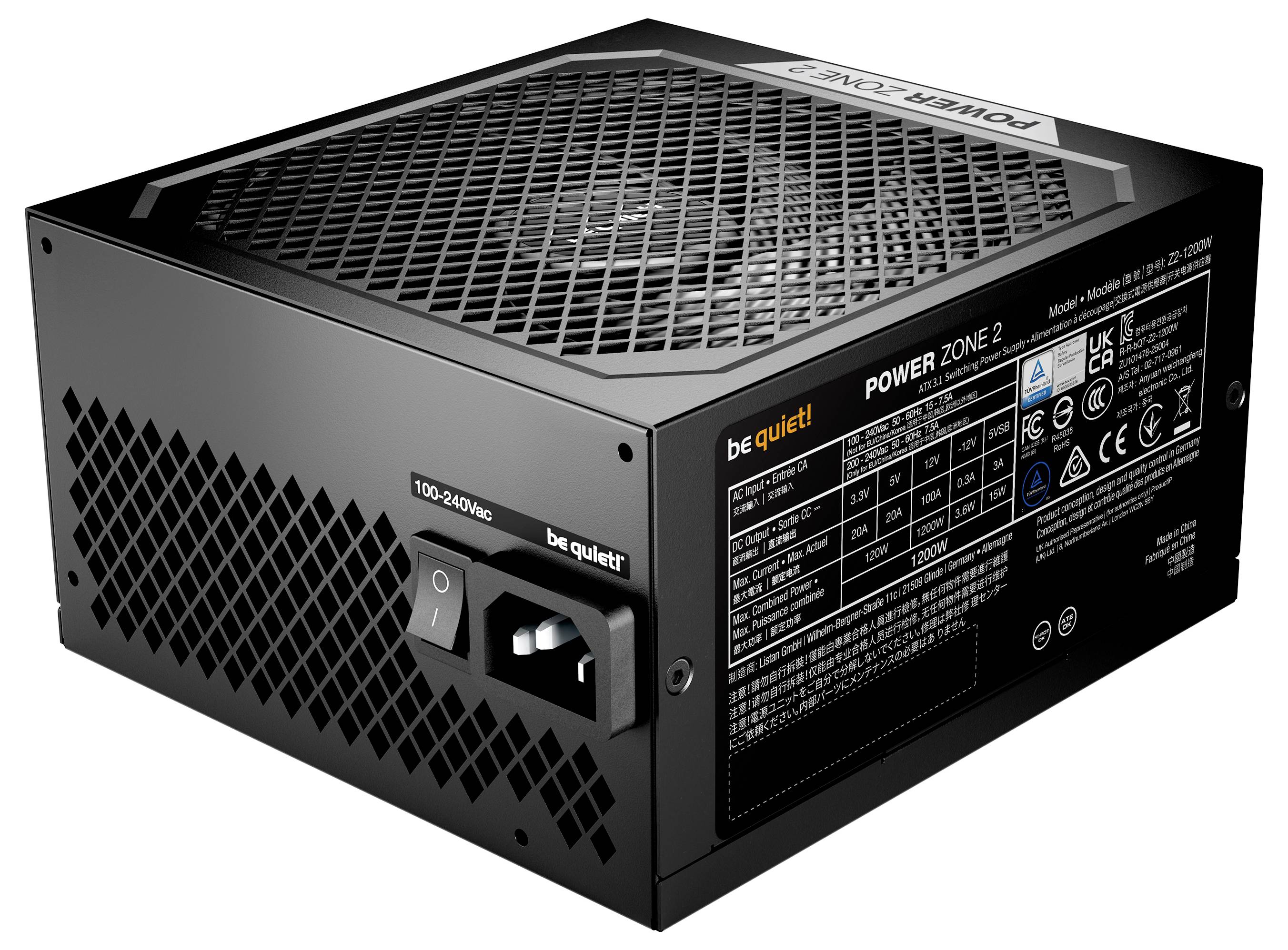 'Be Quiet! Power Zone 2' power supply unit, black, features a grid on top for ventilation, switch, and label with specifications on the side.