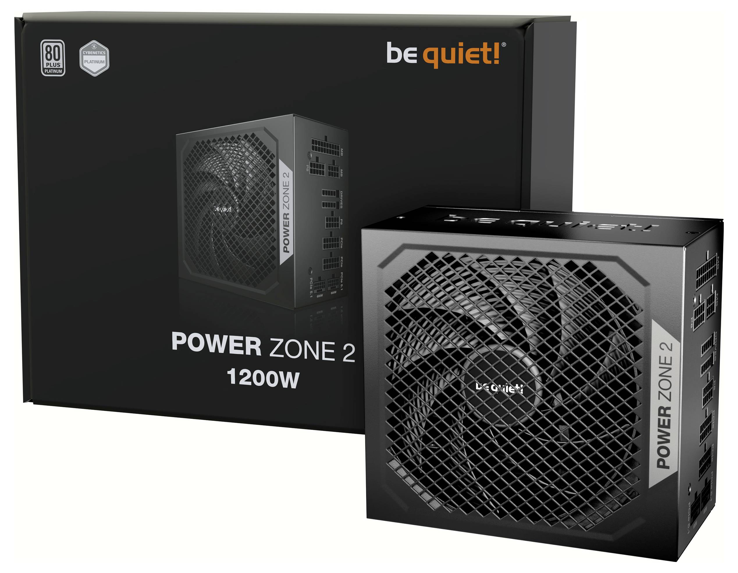 'be quiet! Power Zone 2 1200W' power supply unit in front of its packaging, showcasing a large fan and multiple connection ports.