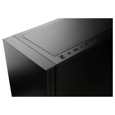 Black computer case with USB ports and power button on the top panel, designed for efficient ventilation and easy access.