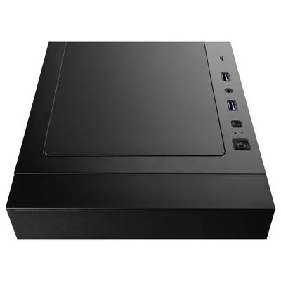 A black computer case with side panel and front-facing USB ports, power button, and audio jacks, showcasing simple, modern design.