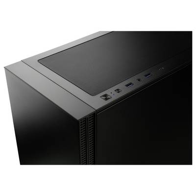 A black computer case with a mesh top, featuring power button, USB ports, and audio jacks on the front panel.