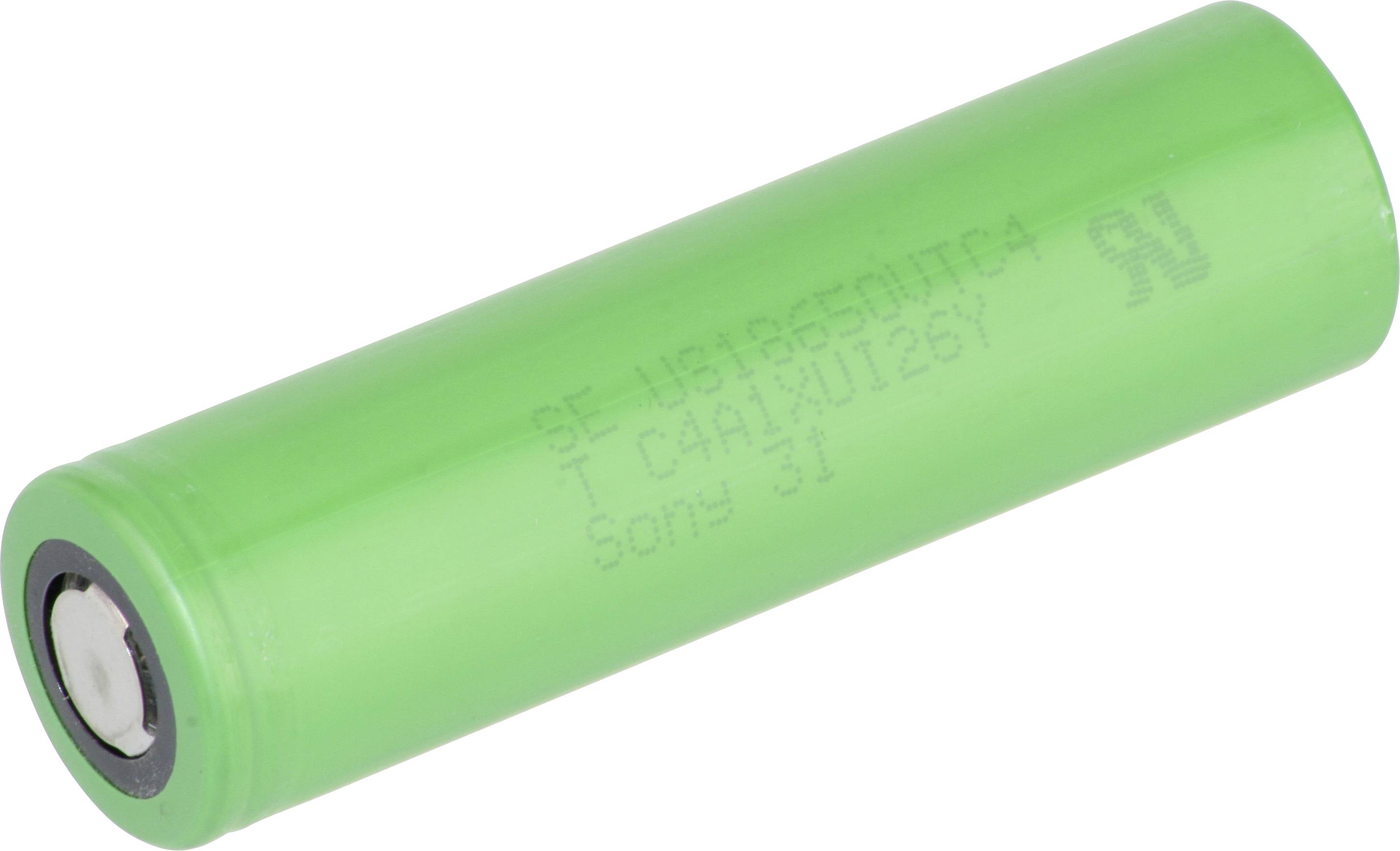 A green cylindrical battery with printed text including 'Sony' is shown against a white background.