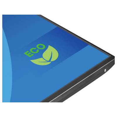A corner of a flat screen displaying a blue background with a green 'ECO' logo featuring two leaves, suggesting eco-friendly technology.