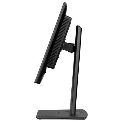 A slim, black computer monitor viewed from the side, positioned upright on a stand, showing its sleek and adjustable design.